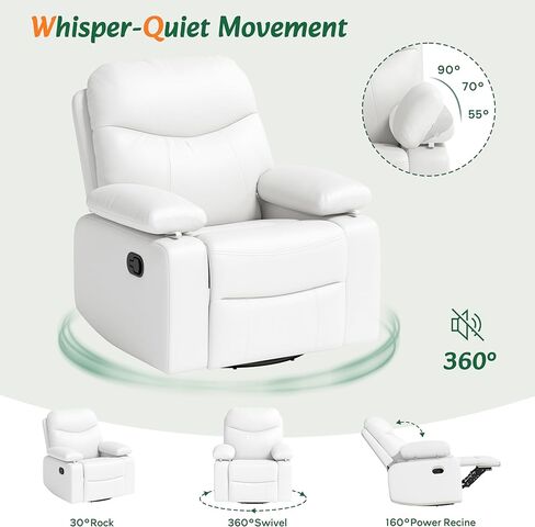Nursery Glider Recliner with Adjustable Armrests, Oversized Comfortable Nursing Chair for Breastfeeding Moms, 360°Swivel, 90°-160° Recline, Quiet Rocking Chair Nursery for Living Room, White in Saudi Arabia