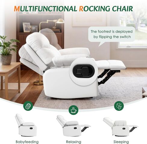 Nursery Glider Recliner with Adjustable Armrests, Oversized Comfortable Nursing Chair for Breastfeeding Moms, 360°Swivel, 90°-160° Recline, Quiet Rocking Chair Nursery for Living Room, White in Saudi Arabia