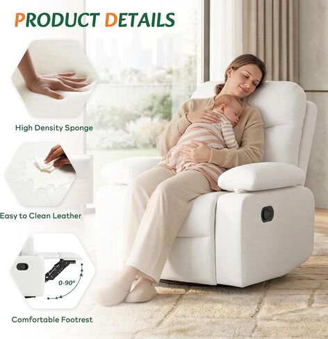 Nursery Glider Recliner with Adjustable Armrests, Oversized Comfortable Nursing Chair for Breastfeeding Moms, 360°Swivel, 90°-160° Recline, Quiet Rocking Chair Nursery for Living Room, White in Saudi Arabia