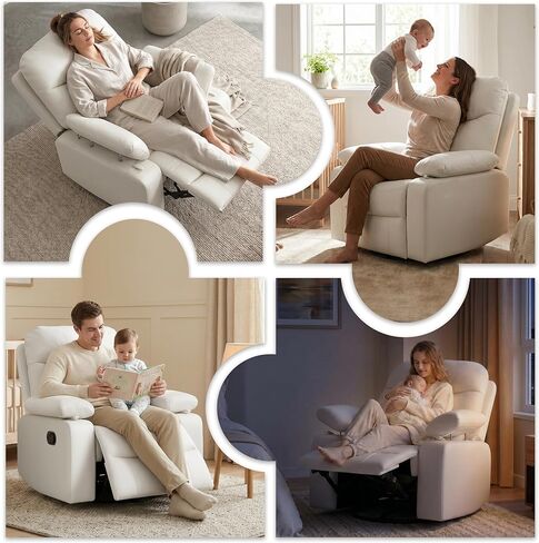 Nursery Glider Recliner with Adjustable Armrests, Oversized Comfortable Nursing Chair for Breastfeeding Moms, 360°Swivel, 90°-160° Recline, Quiet Rocking Chair Nursery for Living Room, White in Saudi Arabia
