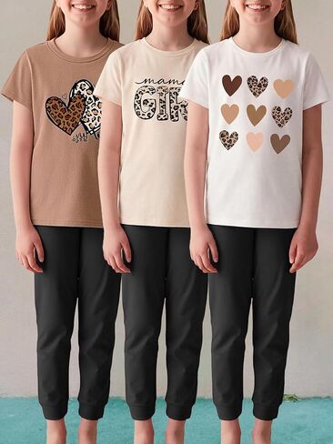 Girls 3-Piece T-Shirt Set, Mama's Girl & Leopard Heart Brown Pink White Love Print Tops, Coordinated Bundle for Kid 4-7 Years in Saudi Arabia