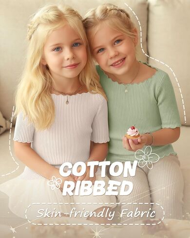 Oakgarden 4 Pack Toddler Girls' Cotton Shirts Baby Girl Ribbed Knit Half Sleeve Tees Kid Lettuce Trim Boat Neck Casual Tops in Saudi Arabia