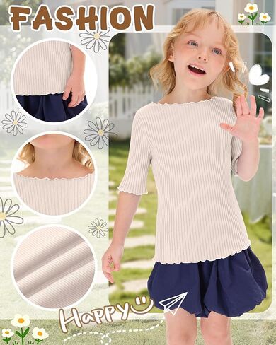 Oakgarden 4 Pack Toddler Girls' Cotton Shirts Baby Girl Ribbed Knit Half Sleeve Tees Kid Lettuce Trim Boat Neck Casual Tops in Saudi Arabia