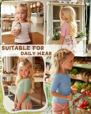 Oakgarden 4 Pack Toddler Girls' Cotton Shirts Baby Girl Ribbed Knit Half Sleeve Tees Kid Lettuce Trim Boat Neck Casual Tops in Saudi Arabia