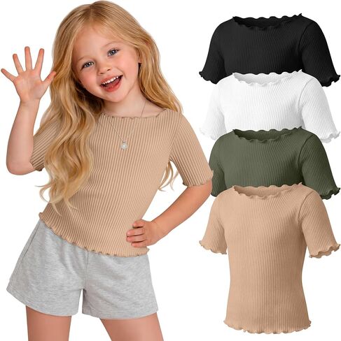 Oakgarden 4 Pack Toddler Girls' Cotton Shirts Baby Girl Ribbed Knit Half Sleeve Tees Kid Lettuce Trim Boat Neck Casual Tops in Saudi Arabia