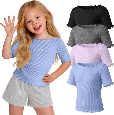 Oakgarden 4 Pack Toddler Girls' Cotton Shirts Baby Girl Ribbed Knit Half Sleeve Tees Kid Lettuce Trim Boat Neck Casual Tops in Saudi Arabia