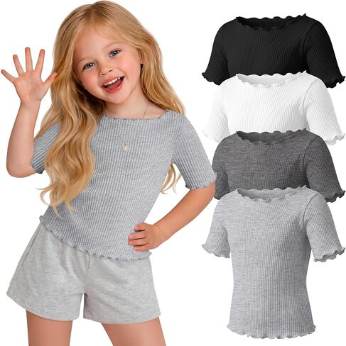 Oakgarden 4 Pack Toddler Girls' Cotton Shirts Baby Girl Ribbed Knit Half Sleeve Tees Kid Lettuce Trim Boat Neck Casual Tops in Saudi Arabia