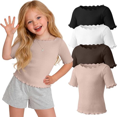 Oakgarden 4 Pack Toddler Girls' Cotton Shirts Baby Girl Ribbed Knit Half Sleeve Tees Kid Lettuce Trim Boat Neck Casual Tops in Saudi Arabia
