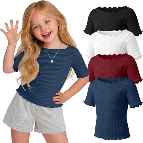 Oakgarden 4 Pack Toddler Girls' Cotton Shirts Baby Girl Ribbed Knit Half Sleeve Tees Kid Lettuce Trim Boat Neck Casual Tops in Saudi Arabia