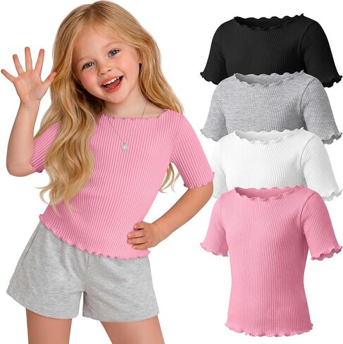 Oakgarden 4 Pack Toddler Girls' Cotton Shirts Baby Girl Ribbed Knit Half Sleeve Tees Kid Lettuce Trim Boat Neck Casual Tops in Saudi Arabia