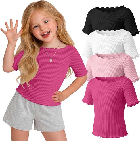 Oakgarden 4 Pack Toddler Girls' Cotton Shirts Baby Girl Ribbed Knit Half Sleeve Tees Kid Lettuce Trim Boat Neck Casual Tops in Saudi Arabia