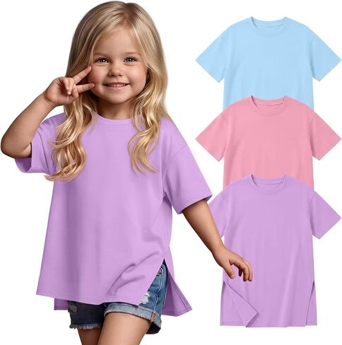 3 Pack Toddler Girls' Oversized Shirts Short Sleeve Crew Neck Tops Side Slit Summer Tees Loose Casual Basic T Shirt in Saudi Arabia