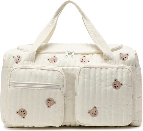 Baby Changing Bags, 48x22x26cm Quilted Diaper Bag with Multi-pockets, Bears Embroidery Duffle Bag for Hospital and Weekender in Kuwait
