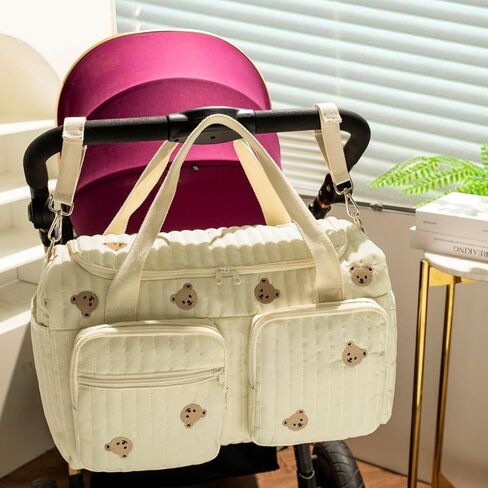 Baby Changing Bags, 48x22x26cm Quilted Diaper Bag with Multi-pockets, Bears Embroidery Duffle Bag for Hospital and Weekender in Kuwait