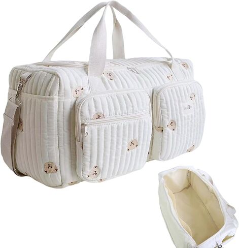 Baby Changing Bags, 48x22x26cm Quilted Diaper Bag with Multi-pockets, Bears Embroidery Duffle Bag for Hospital and Weekender in Kuwait