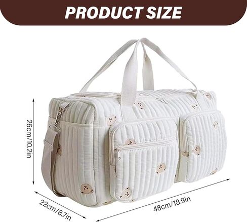 Baby Changing Bags, 48x22x26cm Quilted Diaper Bag with Multi-pockets, Bears Embroidery Duffle Bag for Hospital and Weekender in Kuwait