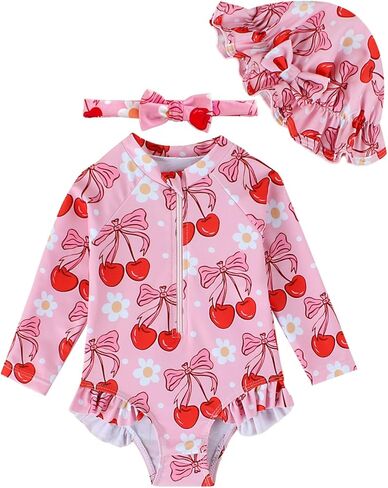 DivingBirds Baby Girls Long Sleeve Bathing Suit with Hat, 3 Months-3 Years | Toddler girls bathing suit with snap buttons and zipper, matching hat, ruffled hem, soft stretchy quick-dry fabric in Saudi Arabia