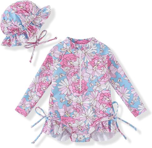 Vibebox Baby Girl Swimsuit Drawstring Zipper Bathing Suit Toddler Girls Long Sleeve One-Piece Rash Guard Swimsuits with Hat in Kuwait