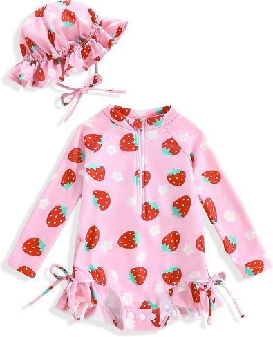 Vibebox Baby Girl Swimsuit Drawstring Zipper Bathing Suit Toddler Girls Long Sleeve One-Piece Rash Guard Swimsuits with Hat in Kuwait