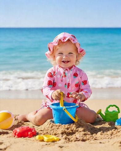 Vibebox Baby Girl Swimsuit Drawstring Zipper Bathing Suit Toddler Girls Long Sleeve One-Piece Rash Guard Swimsuits with Hat in Kuwait