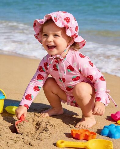 Vibebox Baby Girl Swimsuit Drawstring Zipper Bathing Suit Toddler Girls Long Sleeve One-Piece Rash Guard Swimsuits with Hat in Kuwait