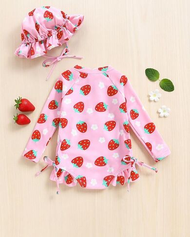 Vibebox Baby Girl Swimsuit Drawstring Zipper Bathing Suit Toddler Girls Long Sleeve One-Piece Rash Guard Swimsuits with Hat in Kuwait