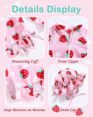 Vibebox Baby Girl Swimsuit Drawstring Zipper Bathing Suit Toddler Girls Long Sleeve One-Piece Rash Guard Swimsuits with Hat in Kuwait