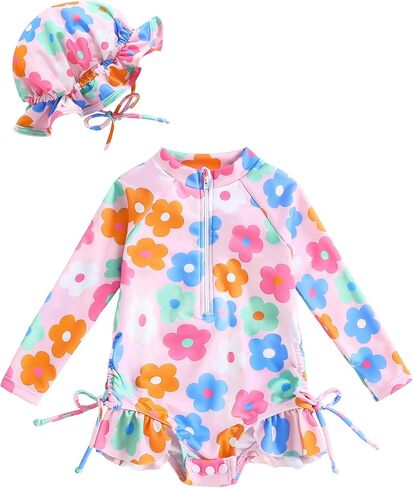 Vibebox Baby Girl Swimsuit Drawstring Zipper Bathing Suit Toddler Girls Long Sleeve One-Piece Rash Guard Swimsuits with Hat in Kuwait