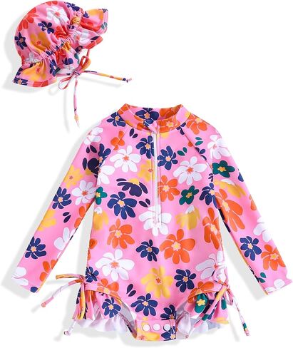 Vibebox Baby Girl Swimsuit Drawstring Zipper Bathing Suit Toddler Girls Long Sleeve One-Piece Rash Guard Swimsuits with Hat in Kuwait