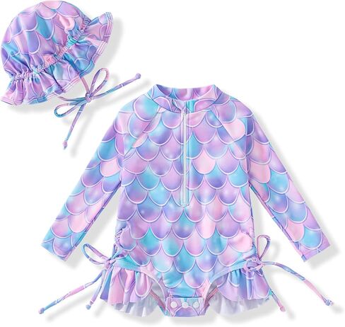 Vibebox Baby Girl Swimsuit Drawstring Zipper Bathing Suit Toddler Girls Long Sleeve One-Piece Rash Guard Swimsuits with Hat in Kuwait