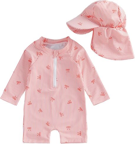 KMBANGI Newborn Toddler Baby Girl Bows Swimsuit Seersucker Bathing Suit Long Sleeve Stripes Rash Guard Cute Swimwear with Hat in Kuwait