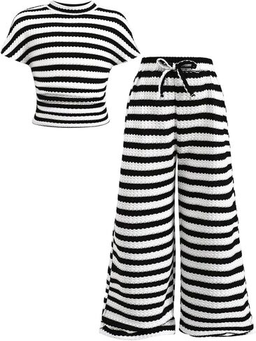 SOLY HUX Toddler Girl's 2 Piece Summer Outfits Striped Knit Short Sleeve T Shirt and Wide Leg Pants Casual Matching Sets in Kuwait