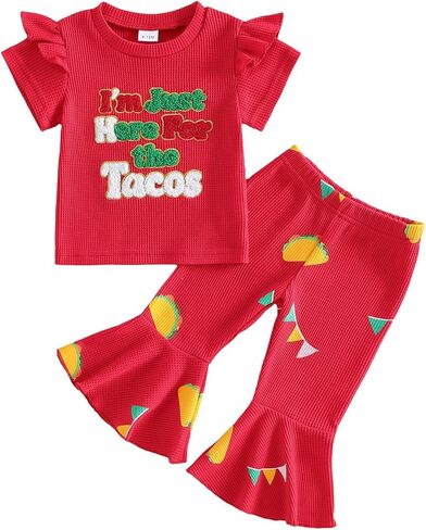 Cinco De Mayo Baby Girl Outfit Cute Letter Sombrero Embroidery T-Shirt Flare Pants Mexican Toddler Clothes in Kuwait