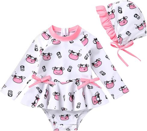 Infant Baby Girl Long Sleeve Rash Guard Set with Hat Back Zipper Bathing Suit Toddler Beach Wear in Saudi Arabia
