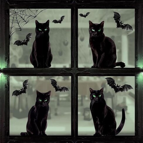 6 Sheets Halloween Self-Adhesive Window Clings – Black Cat and Bat Stickers, Spooky Window Decals for Home Party Haunted House Decoration, Removable PVC Static Clings in Saudi Arabia