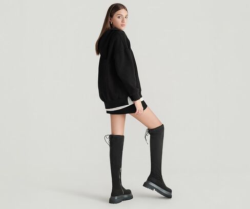 Women Black Thigh High Boots Suede Over The Knee High Boots Platform Chunky Heel Stretch Boots Zip in Kuwait