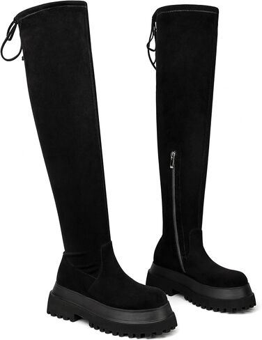Women Black Thigh High Boots Suede Over The Knee High Boots Platform Chunky Heel Stretch Boots Zip in Kuwait