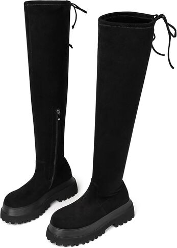 Women Black Thigh High Boots Suede Over The Knee High Boots Platform Chunky Heel Stretch Boots Zip in Kuwait