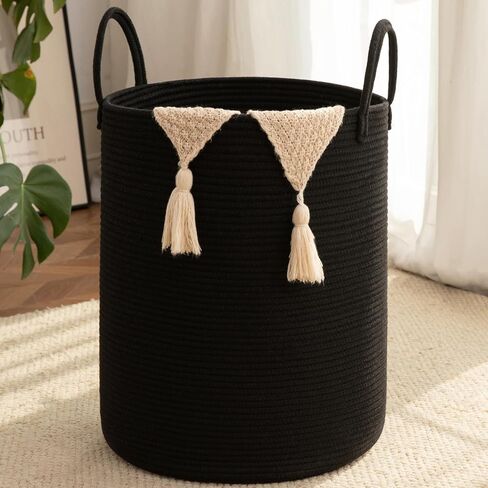 OIAHOMY Large Laundry Basket Hamper - 60L Cotton Rope Woven Basket for Blankets, Toys, Clothes - Tall Decorative Nursery Hamper with Long Handles, Brown/White in Kuwait