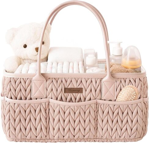 Konssy Braided Quilted Diaper Caddy Organizer, Boho Nursery Storage Basket with PU Leather Handles, Water-Repellent Portable Diaper Basket for Changing Table, Newborn Essentials (Blush) in Kuwait
