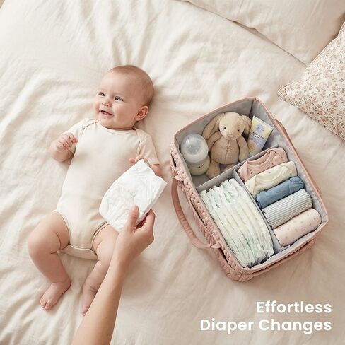 Konssy Braided Quilted Diaper Caddy Organizer, Boho Nursery Storage Basket with PU Leather Handles, Water-Repellent Portable Diaper Basket for Changing Table, Newborn Essentials (Blush) in Kuwait