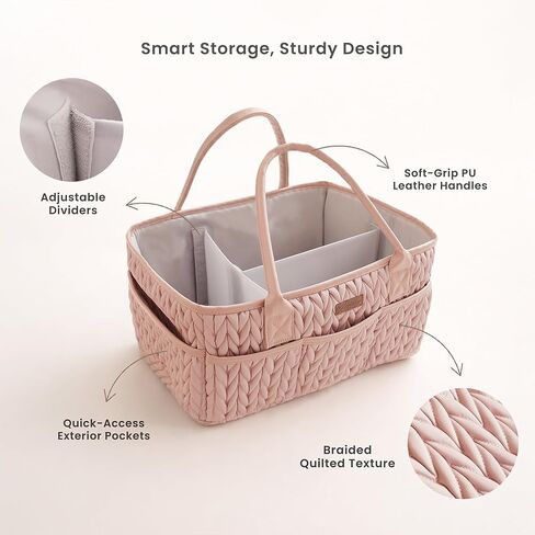 Konssy Braided Quilted Diaper Caddy Organizer, Boho Nursery Storage Basket with PU Leather Handles, Water-Repellent Portable Diaper Basket for Changing Table, Newborn Essentials (Blush) in Kuwait