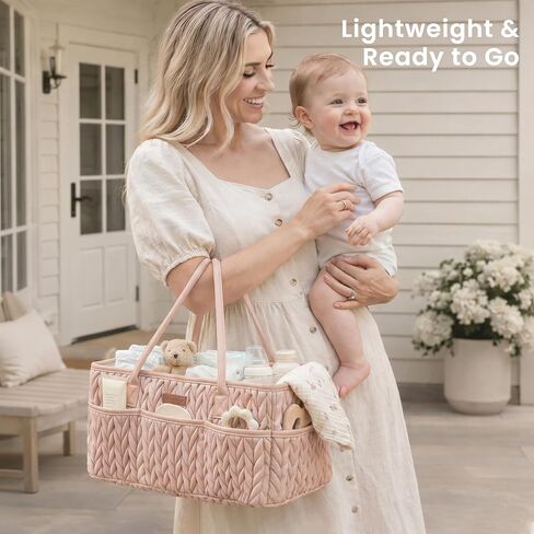 Konssy Braided Quilted Diaper Caddy Organizer, Boho Nursery Storage Basket with PU Leather Handles, Water-Repellent Portable Diaper Basket for Changing Table, Newborn Essentials (Blush) in Kuwait