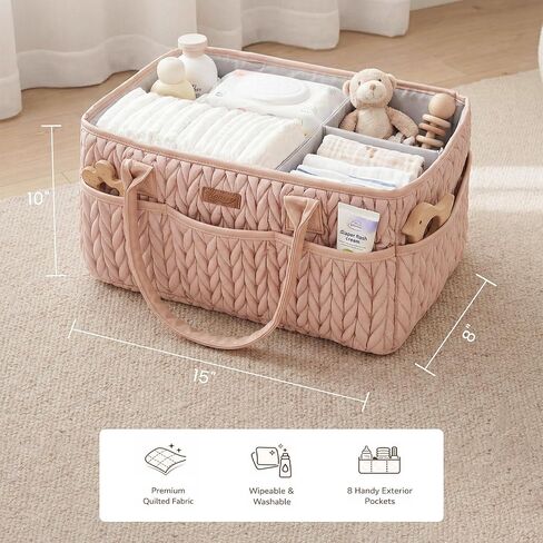 Konssy Braided Quilted Diaper Caddy Organizer, Boho Nursery Storage Basket with PU Leather Handles, Water-Repellent Portable Diaper Basket for Changing Table, Newborn Essentials (Blush) in Kuwait