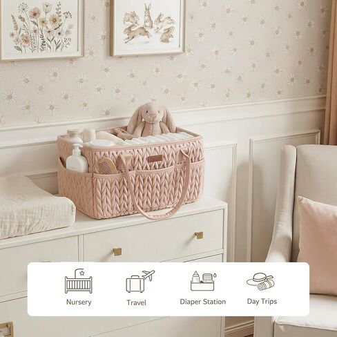 Konssy Braided Quilted Diaper Caddy Organizer, Boho Nursery Storage Basket with PU Leather Handles, Water-Repellent Portable Diaper Basket for Changing Table, Newborn Essentials (Blush) in Kuwait