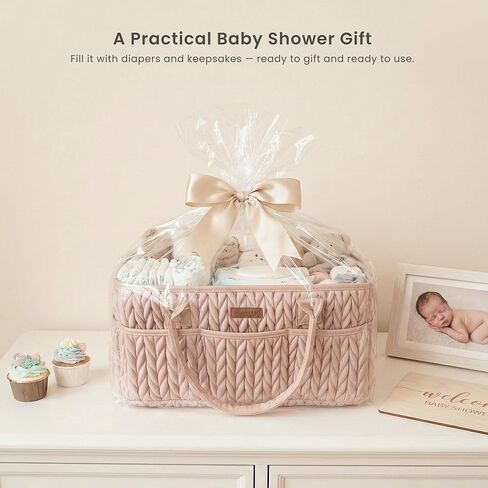 Konssy Braided Quilted Diaper Caddy Organizer, Boho Nursery Storage Basket with PU Leather Handles, Water-Repellent Portable Diaper Basket for Changing Table, Newborn Essentials (Blush) in Kuwait