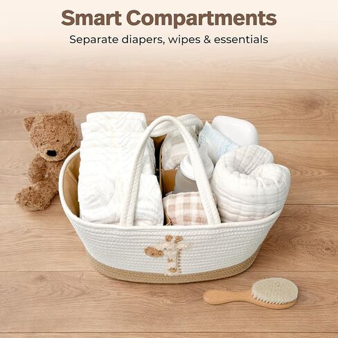 Giraffe Diaper Caddy Organizer for Baby Cotton Rope Nursery Storage Basket 17"x10.5"x7" with Removable Dividers Portable Changing Table Organizer, Car Caddy, Baby Shower Basket in Kuwait