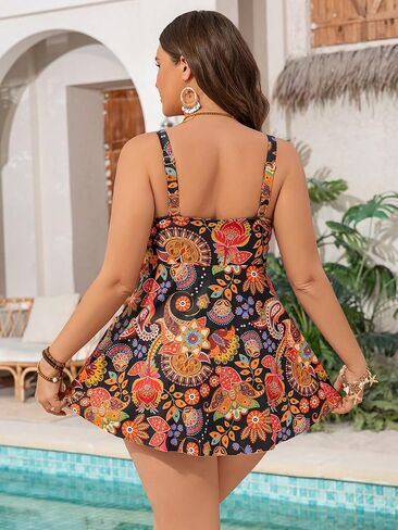 ZAFUL Women's Plus Size Tankini Swimsuit Two Piece Bathing Suit Tummy Control Swimwear V-Neck Tankini Sets with High Wasited Bottom-Multicolor XXL in Kuwait