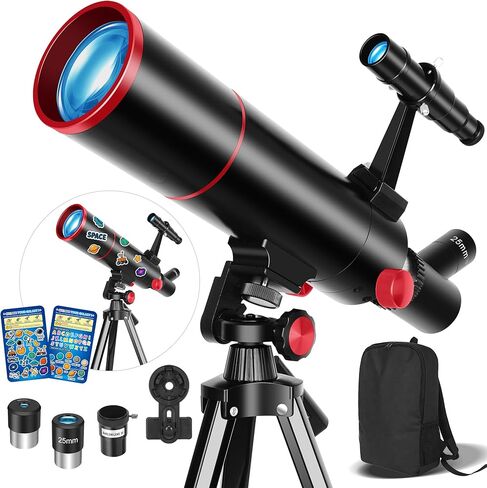 HETEKAN Telescope for Kids & Adults High Powered, 80mm Aperture 500mm Astronomy Telescope for Beginners (20X-150X), Portable Refractor Telescope with Tripod, Phone Adapter, Backpack & Stickers (Black) in Kuwait