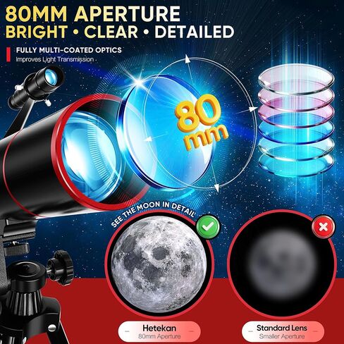 HETEKAN Telescope for Kids & Adults High Powered, 80mm Aperture 500mm Astronomy Telescope for Beginners (20X-150X), Portable Refractor Telescope with Tripod, Phone Adapter, Backpack & Stickers (Black) in Kuwait